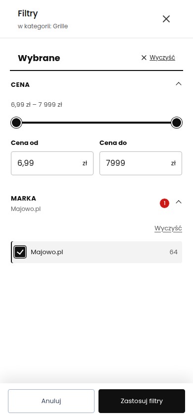 Panel filtrów na telefonie: wybrana marka, cena i widoczny przycisk Zastosuj filtry